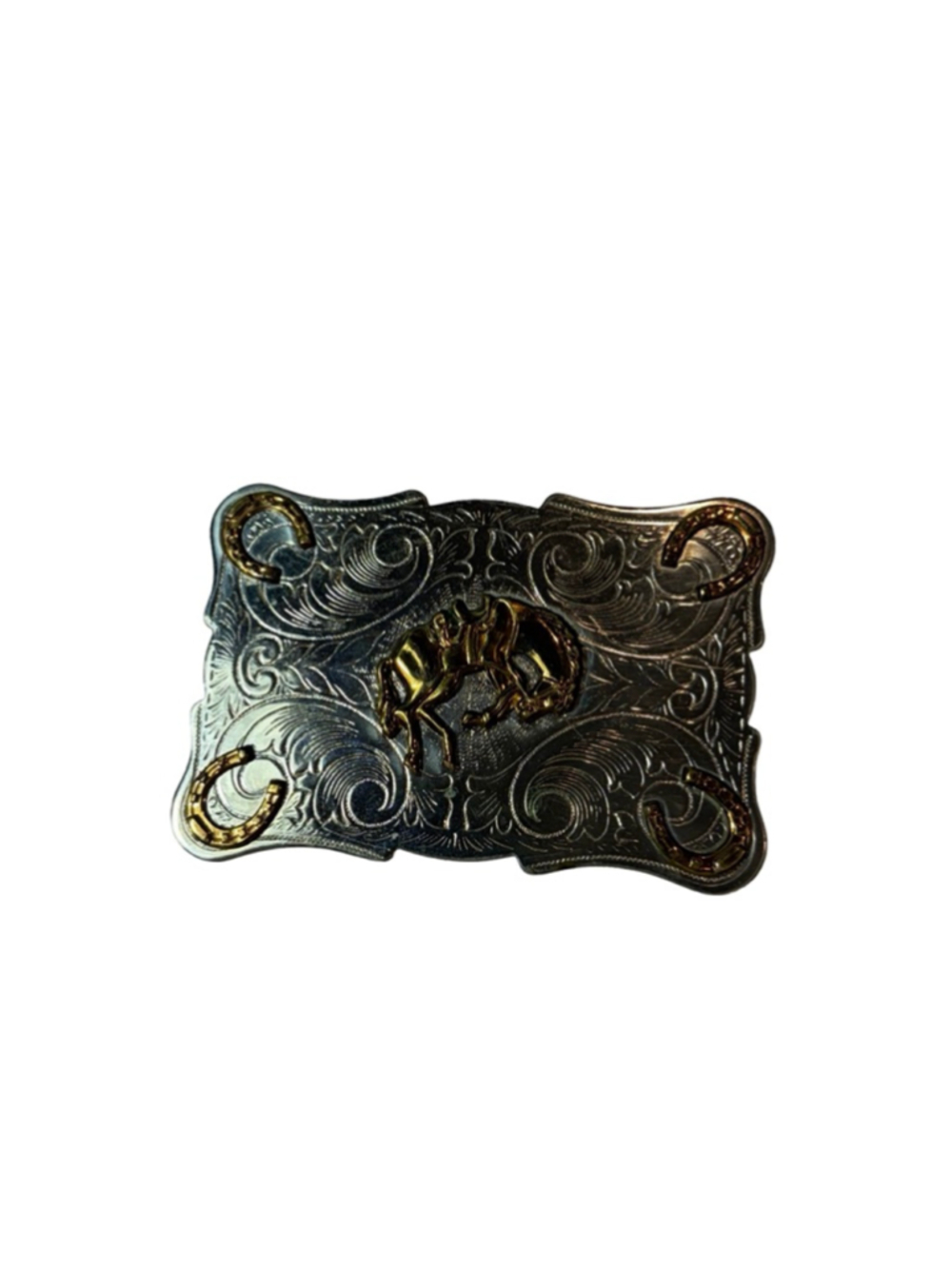 Vintage Rockmount Denver Nickel Silver Bronco Horseshoe Belt Buckle